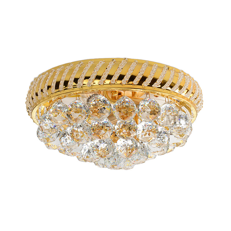 Modern Gold Flush Mount Chandelier With Crystal Ball & Round Shade - 14’/18’ W 3/4/5 Heads