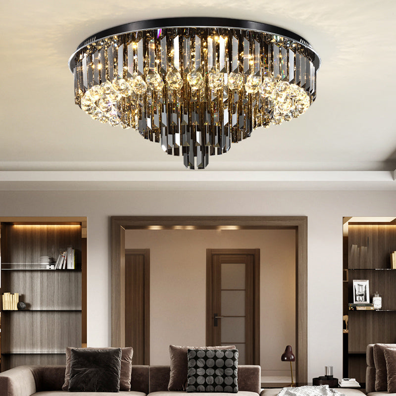Modern Crystal Led Bedroom Ceiling Light - Smoke Gray Layered Flush-Mount Fixture 19.5/23.5 Wide