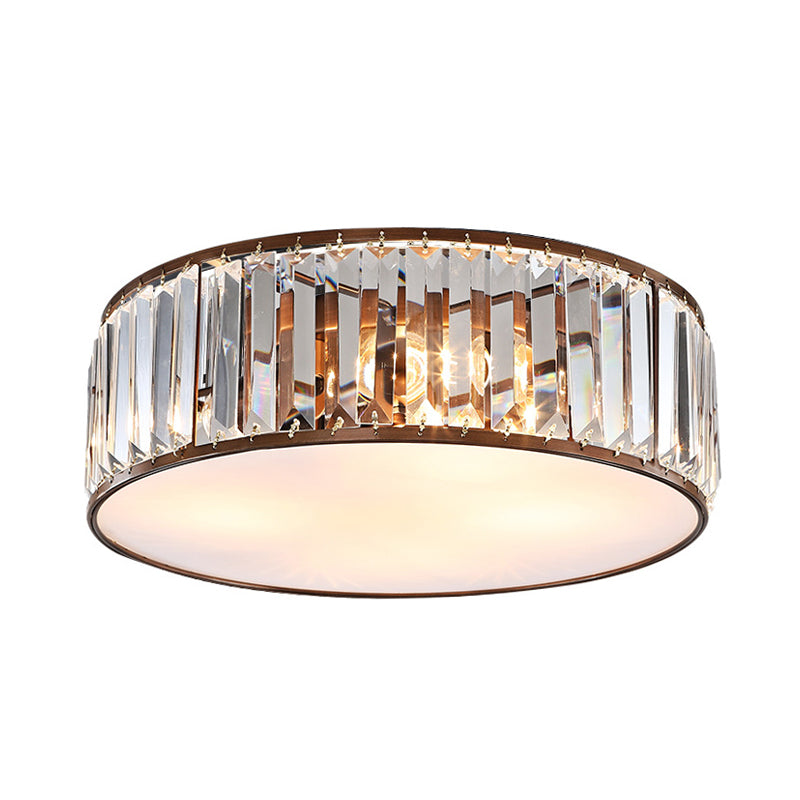 Modern Black/Bronze Flush Mount Bedroom Drum Light With Crystal Block - 12.5/16.5 Width