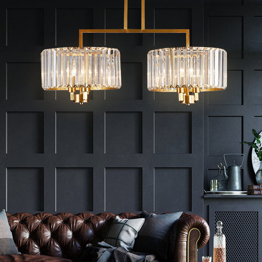Contemporary Gold Drum Chandelier With Clear Crystal - 3/6/9 Head Suspension Light For Living Room