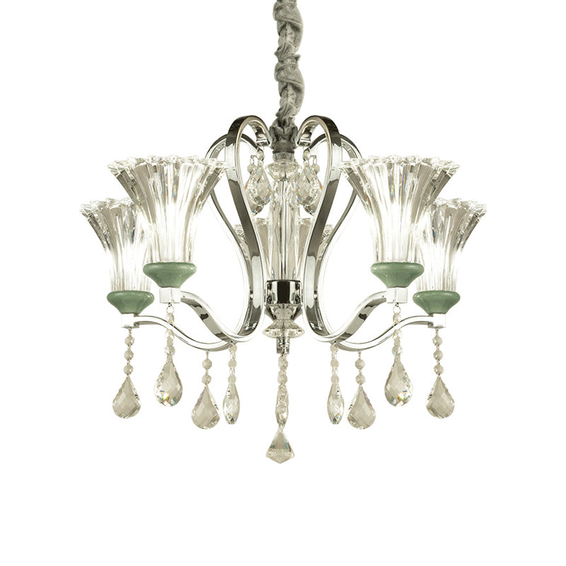 5 Bulb Modern Chandelier With Green Glass And Crystal Pendant Lighting