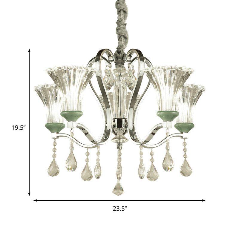 5 Bulb Modern Chandelier With Green Glass And Crystal Pendant Lighting