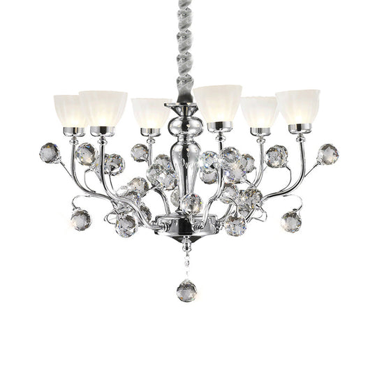 Modernist Frosted Glass 6-Light Conic Chandelier With Crystal Ball Pendant In Polished Chrome