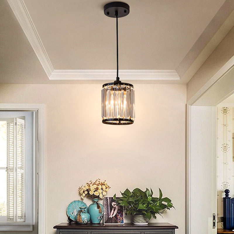 Cylinder Pendant Lamp - Modern Black Hanging Ceiling Light With Crystal Accent