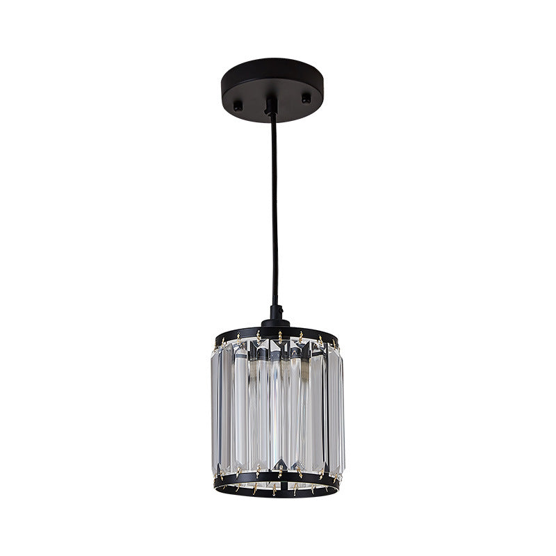 Cylinder Pendant Lamp - Modern Black Hanging Ceiling Light With Crystal Accent