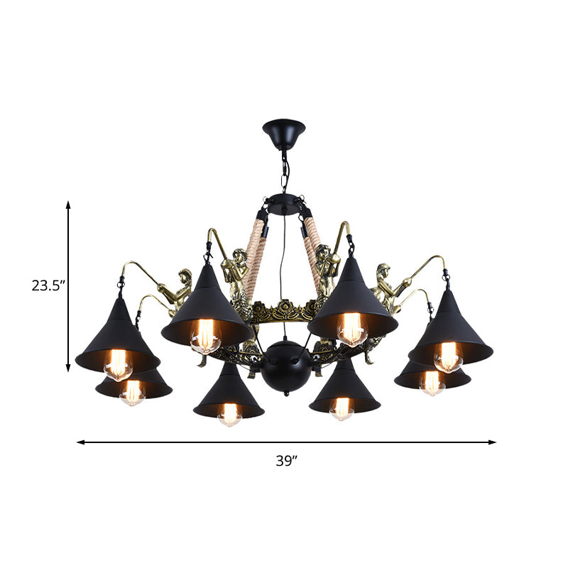 Black Industrial Bell Chandelier Light W/ Mermaid Deco - Metal/Rope Suspension | 6/8 Bulbs