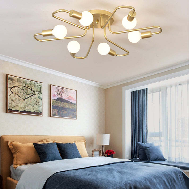 Contemporary Gold/Black/White Sputnik Semi Flush Ceiling Light - 6 - Light Metal Mount For Bedroom
