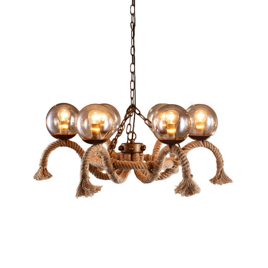 Retro Rust Finish Chandelier - 6 Lights Global Lighting Rope Suspension Smoke Grey Glass Shade