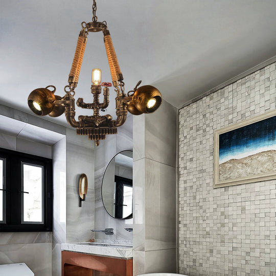 Retro Bronze 5-Light Ball Chandelier With Global Shade - Metal And Rope Pendant For Bars