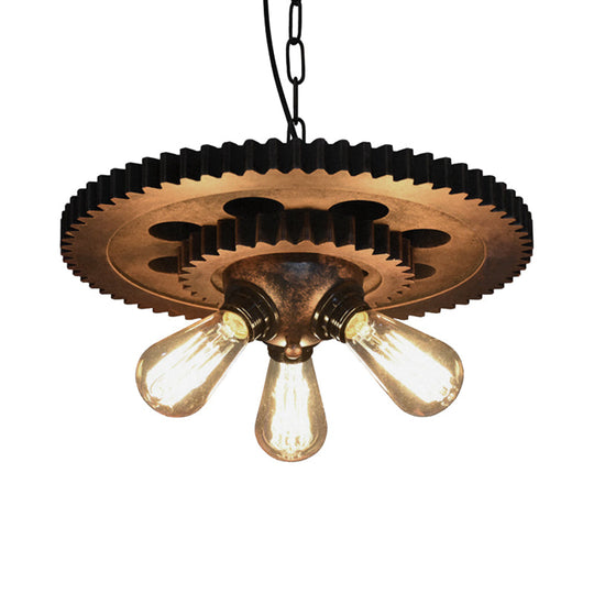 Retro Industrial 3-Head Pendant Light With Dark Rust Finish - Exposed Bulbs Metal Construction And