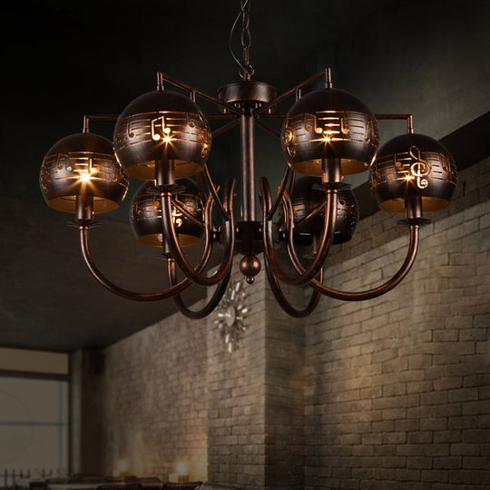 Vintage-Inspired 6-Light Rust Pendant Chandelier With Musical Note Metalperfect For Restaurants
