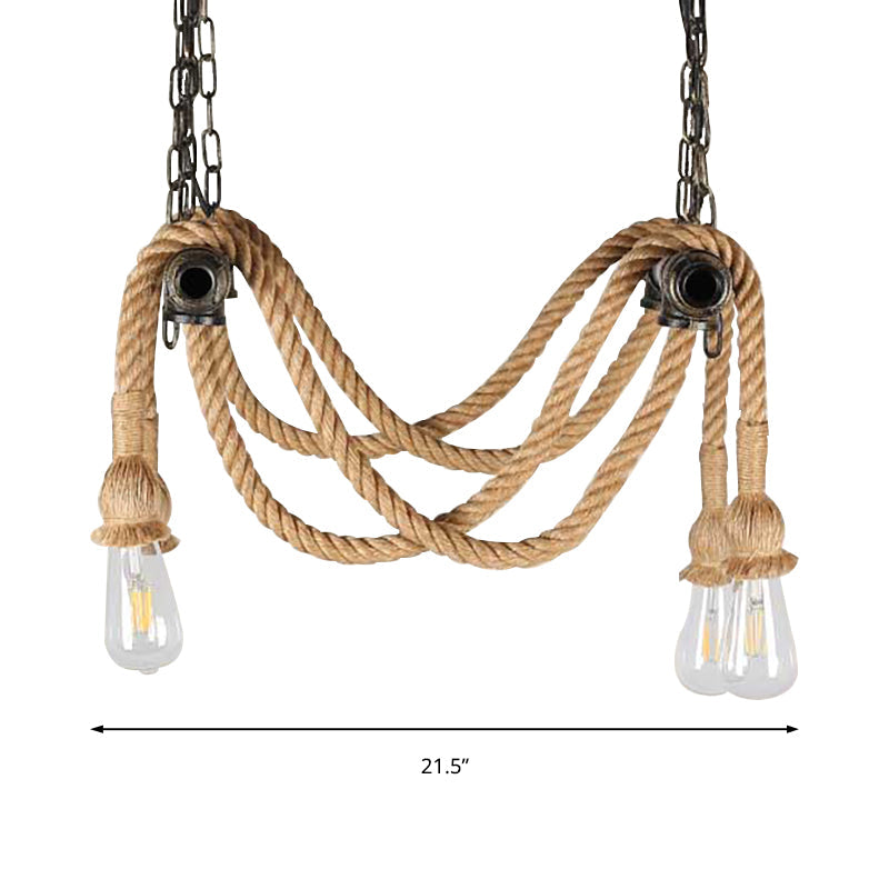 Wrought Iron Bronze Chandelier Lamp With Hemp Rope For Bar - Antique Style 4 Lights Open Bulb