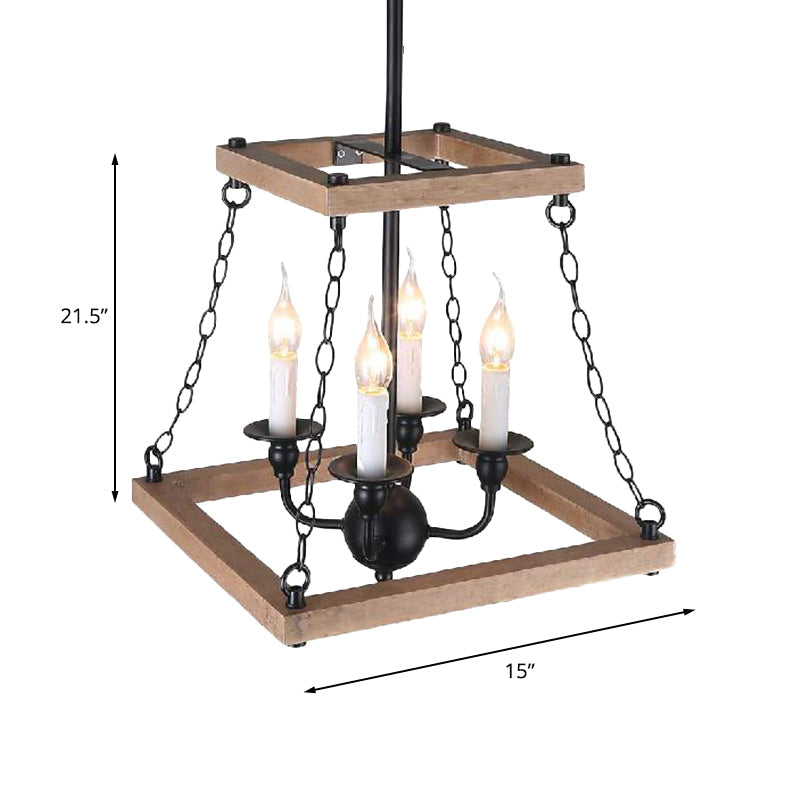 Farmhouse Metal And Wood Trapezoid Chandelier With Flameless Candle - 4-Light Hanging Lamp