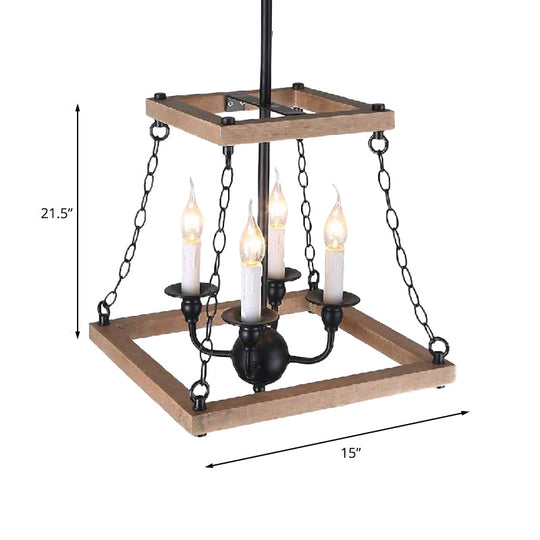 Farmhouse Metal And Wood Trapezoid Chandelier With Flameless Candle - 4-Light Hanging Lamp
