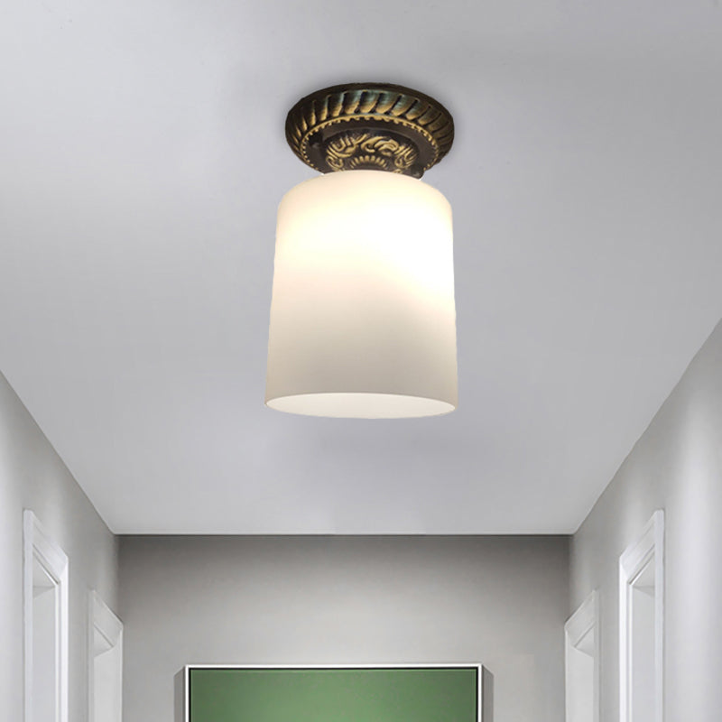 Farmhouse Bronze Flush Mount Ceiling Light With Milky Glass