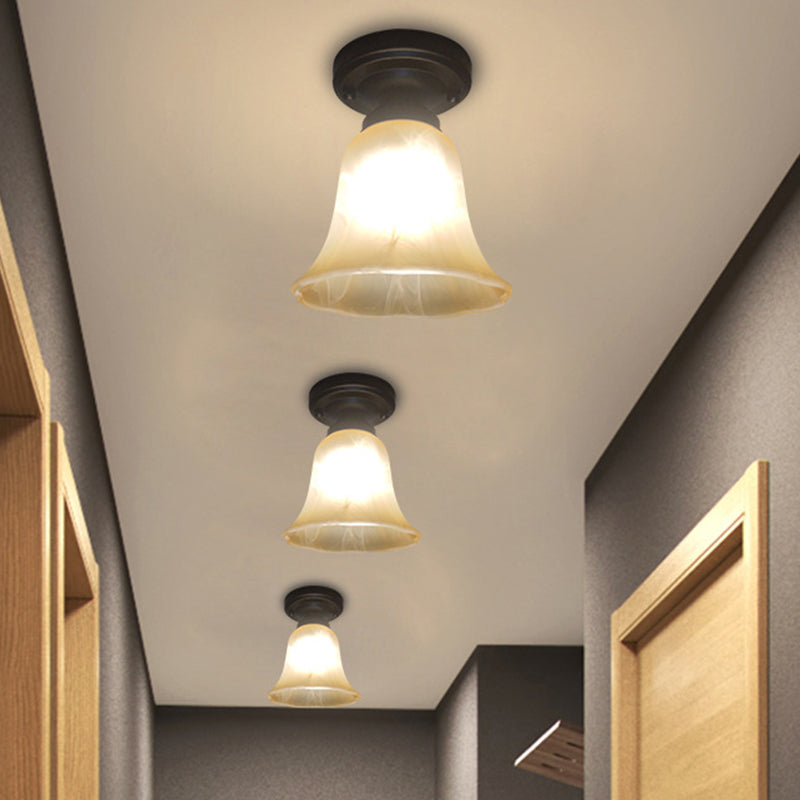 Antiqued Black Single Bulb Ceiling Light With Milky Glass Bell Shape Flush Mount Lighting