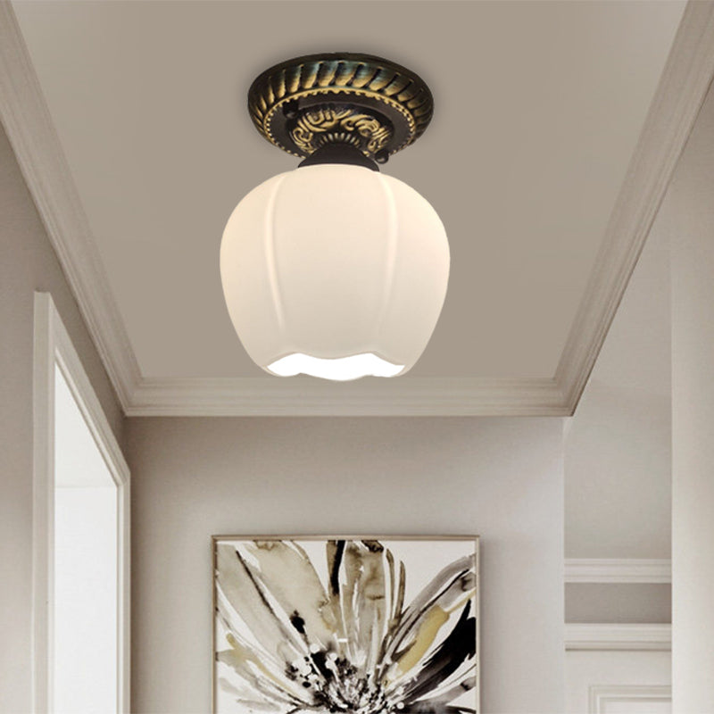 Country Blossom Flush Mount Ceiling Lighting - Single Bulb Milky Glass In Brown