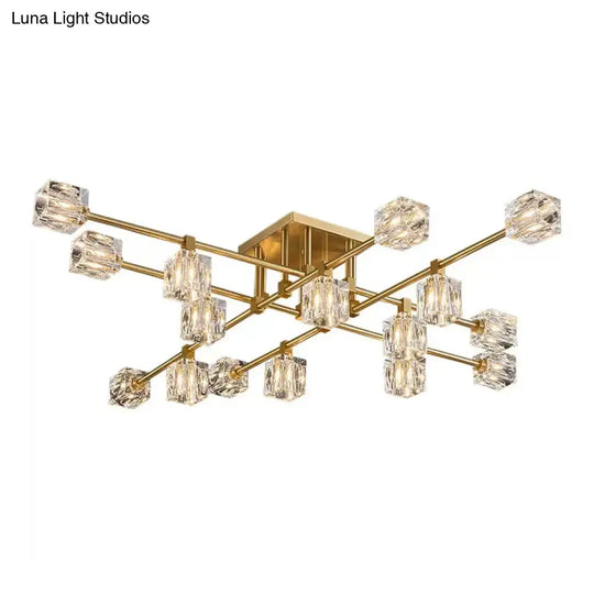 Postmodern Ice Cube Crystal Brass Flush Mounted Light With Multiple Heads - 12/16