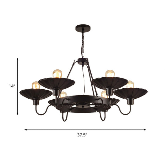Vintage Style Restaurant Chandelier - 6 Head Down/Up Light With Scalloped Shade In Black