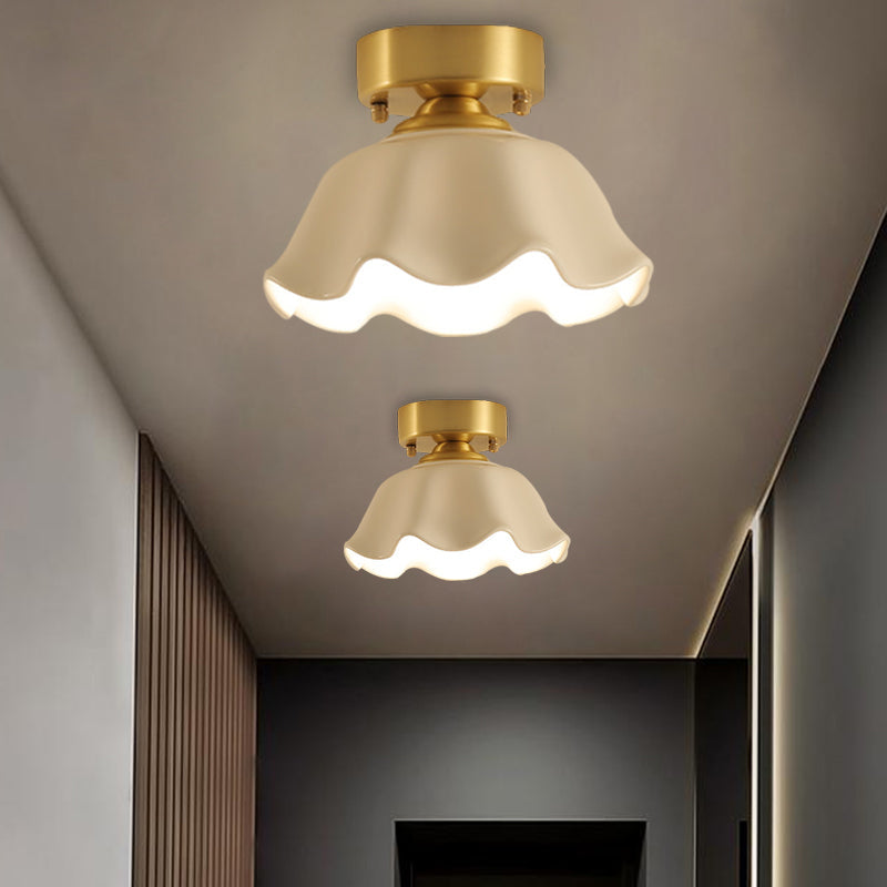 White Glass Brass Flush Lamp - Scalloped/Shell/Trapezoid Design 1-Light Cottage Ceiling Mount For