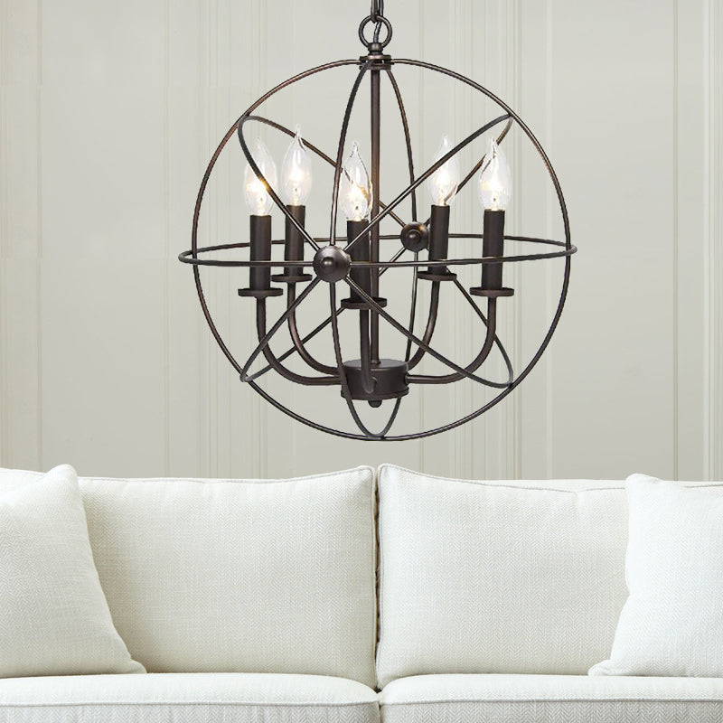 Vintage Metal Strap Globe Chandelier Pendant Light - 5 Bulb Hanging Lamp In Black Ideal For