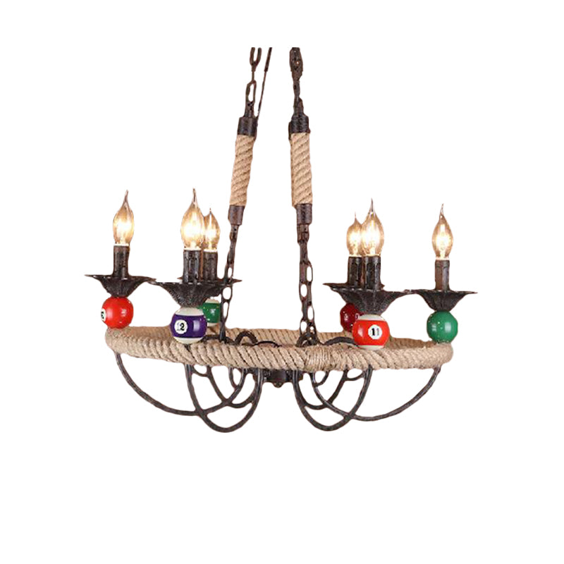 Industrial Metal Hanging Lamp: Roped Ring Bar 3/6 Lights Rust Chandelier With Billiard Ball