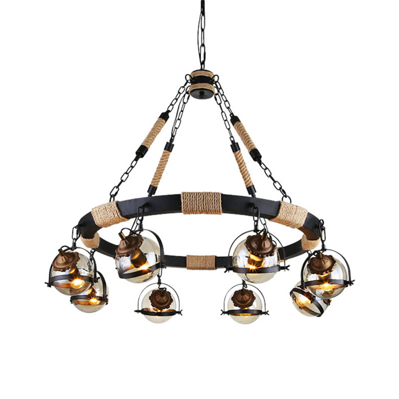 Farmhouse Globe Chandelier Lamp With Amber Glass Shade In Black For Restaurant - 6/8 Lights Rope