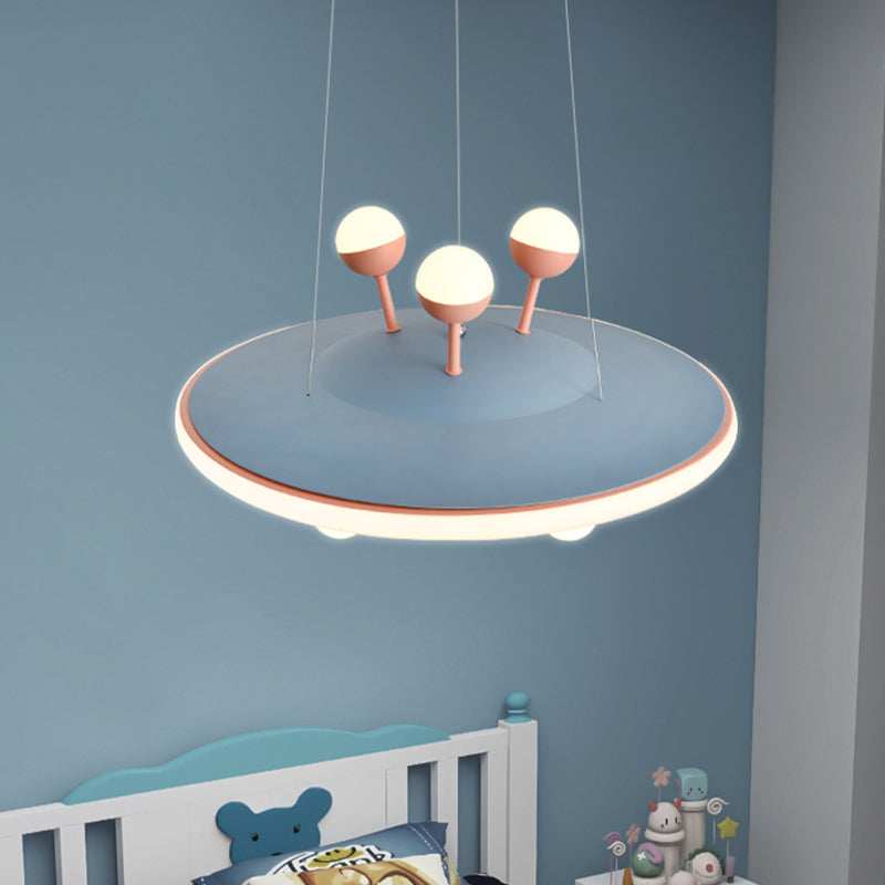 Kids Bedroom Ceiling Chandelier - Cartoon Ufo Metal Led Pendant Light In Pink/Blue