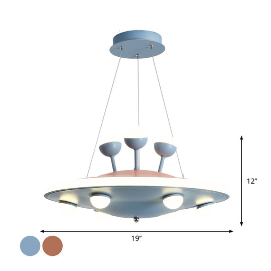 Kids Bedroom Ceiling Chandelier - Cartoon Ufo Metal Led Pendant Light In Pink/Blue