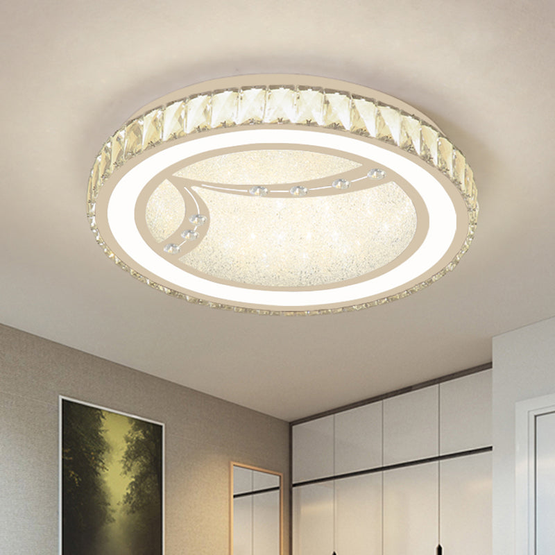 Drum Ceiling Lamp With Crystal Bead Deco - Minimalist Acrylic Led Flush Mount Fixture Chrome Finish