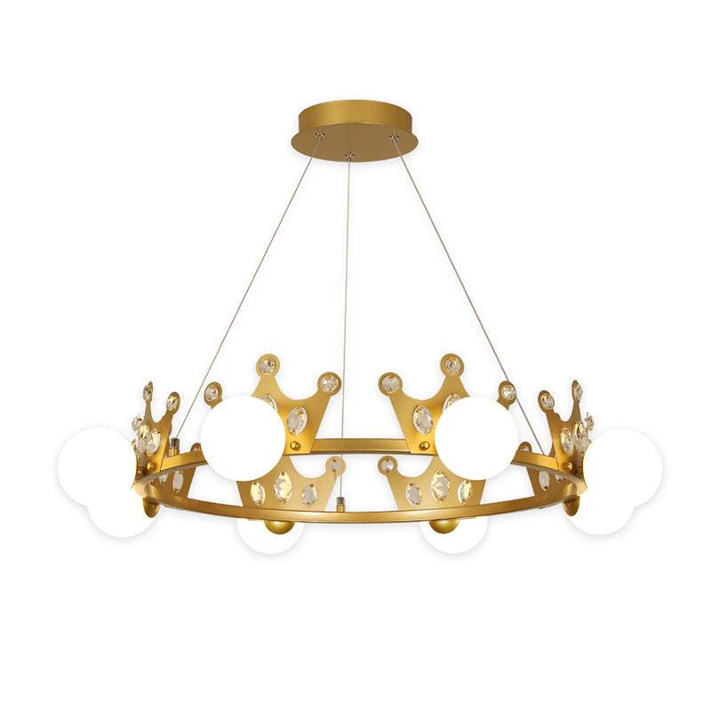 Gold Metal Crown Chandelier Lamp For Kids - 5/8 Lights Hanging Pendant With Frosted Glass Ball Shade