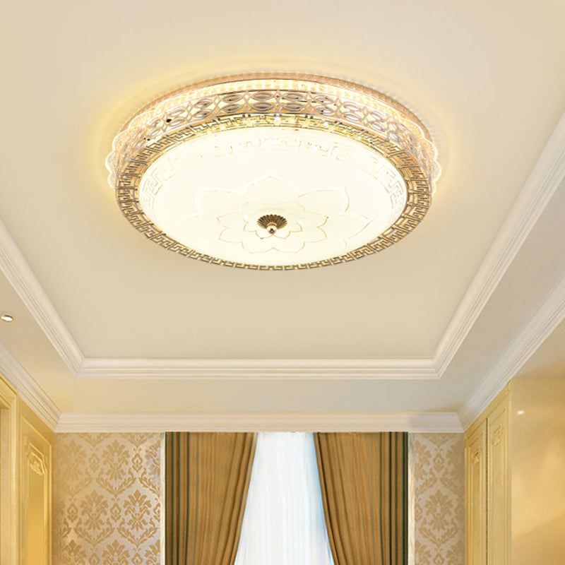 Opaline Glass Drum Flush Mount With Gold Led And Elegant Floral Pattern