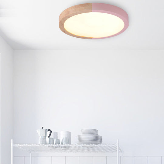 Modern Drum Flush Mount Light With Wood And Acrylic Shade For Kids Bedroom
