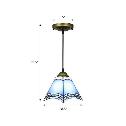 Blue Geometric Glass Ceiling Pendant Light - Mediterranean Style For Living Room