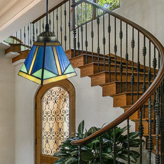 Tiffany Blue Pendant Light With Stained Glass Shade - Elegant Dining Room Ceiling Lighting