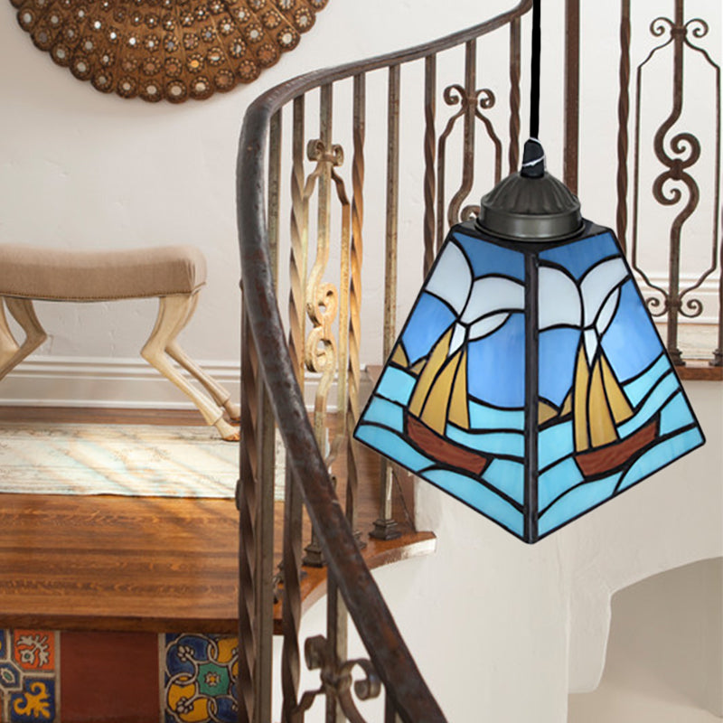 Tiffany Blue Pendant Light With Stained Glass Shade - Elegant Dining Room Ceiling Lighting / Boat