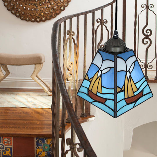 Tiffany Blue Pendant Light With Stained Glass Shade - Elegant Dining Room Ceiling Lighting / Boat