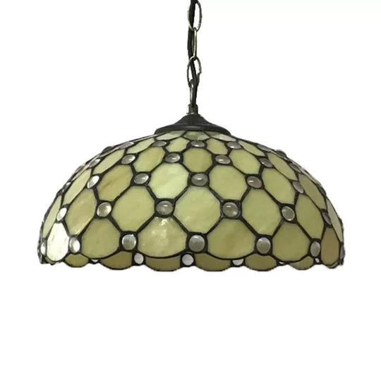 Brass 1-Head Tiffany Glass Pendant Light With Jewel - Multiple Sizes Available