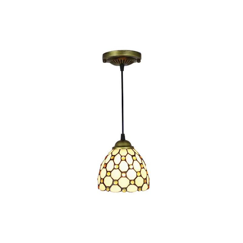 Brass 1-Head Tiffany Glass Pendant Light With Jewel - Multiple Sizes Available