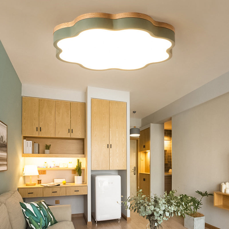 Kids Bedroom Wood Led Flush Mount Ceiling Light With Floral Shade Green / 16 White