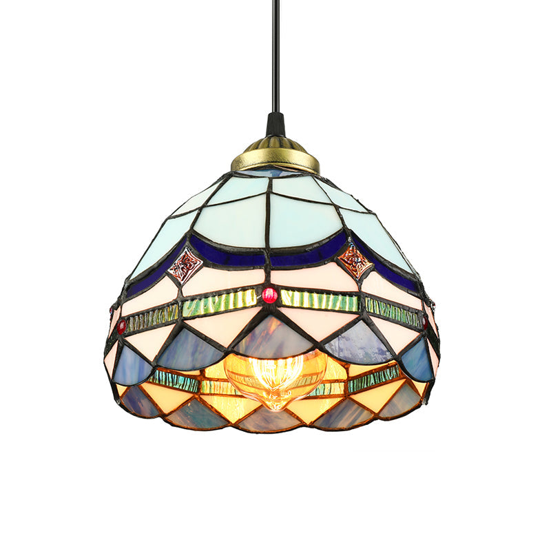 Dining Table Hanging Lights - Floral Shade Pendant Ceiling Lamp In Blue With Tiffany Style Art Glass