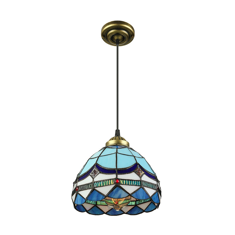 Dining Table Hanging Lights - Floral Shade Pendant Ceiling Lamp In Blue With Tiffany Style Art Glass