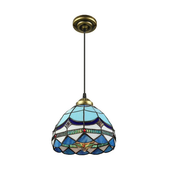 Dining Table Hanging Lights - Floral Shade Pendant Ceiling Lamp In Blue With Tiffany Style Art Glass