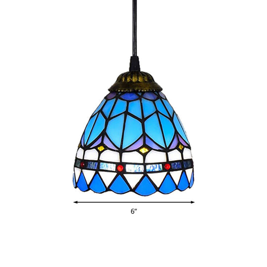 Dining Table Hanging Lights - Floral Shade Pendant Ceiling Lamp In Blue With Tiffany Style Art Glass