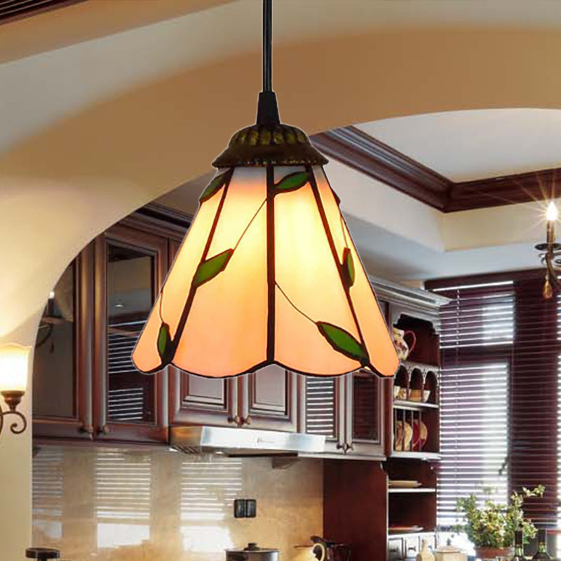 Tiffany-Style Cone Pendulum Light - Handcrafted Art Glass Suspension Lamp In Beige