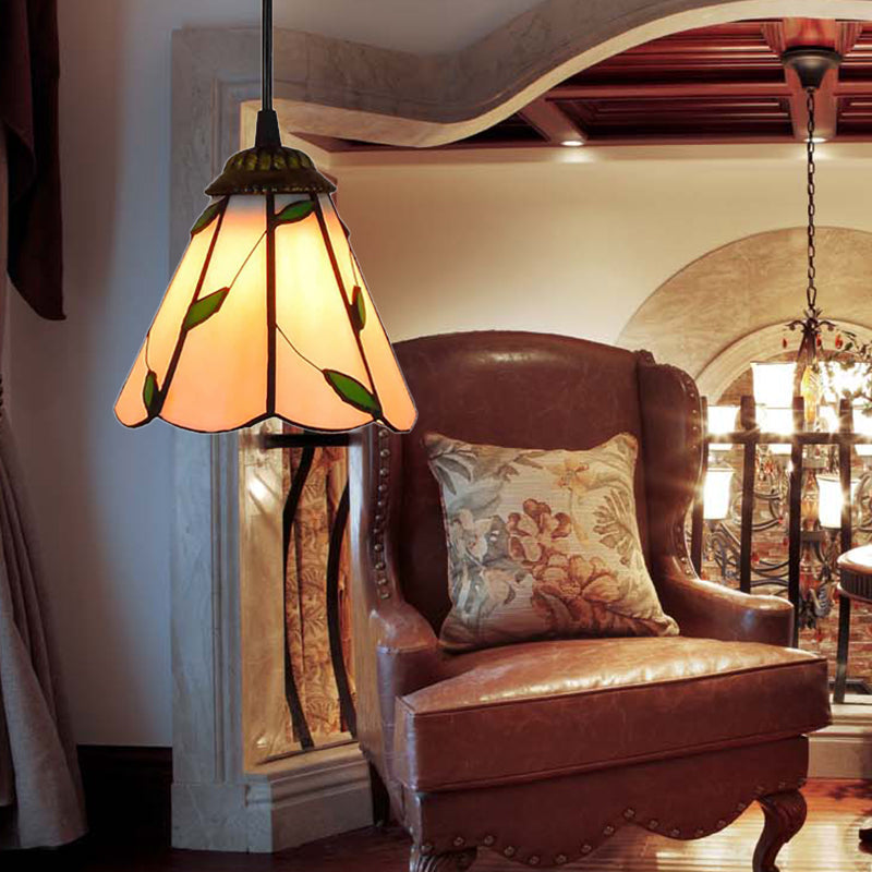 Tiffany-Style Cone Pendulum Light - Handcrafted Art Glass Suspension Lamp In Beige (6.5’/12’/16’ W)