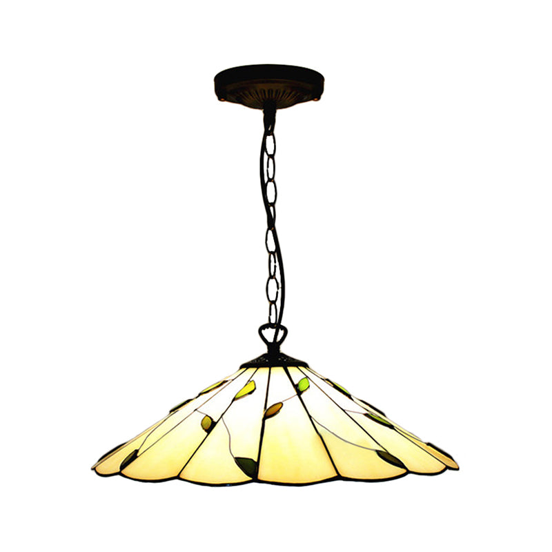 Tiffany-Style Cone Pendulum Light - Handcrafted Art Glass Suspension Lamp In Beige (6.5’/12’/16’ W)
