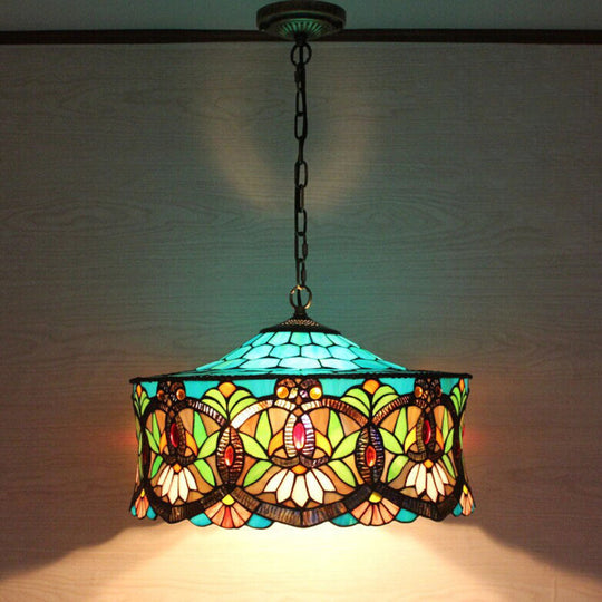 Victorian-Style Stained Glass Drum Pendant Light For Living Room - 18’ W