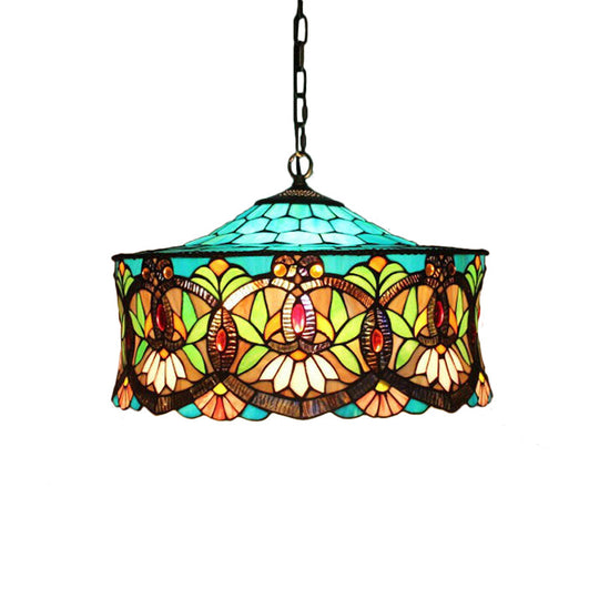 Victorian-Style Stained Glass Drum Pendant Light For Living Room - 18’ W