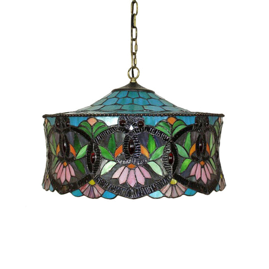 Victorian-Style Stained Glass Drum Pendant Light For Living Room - 18’ W